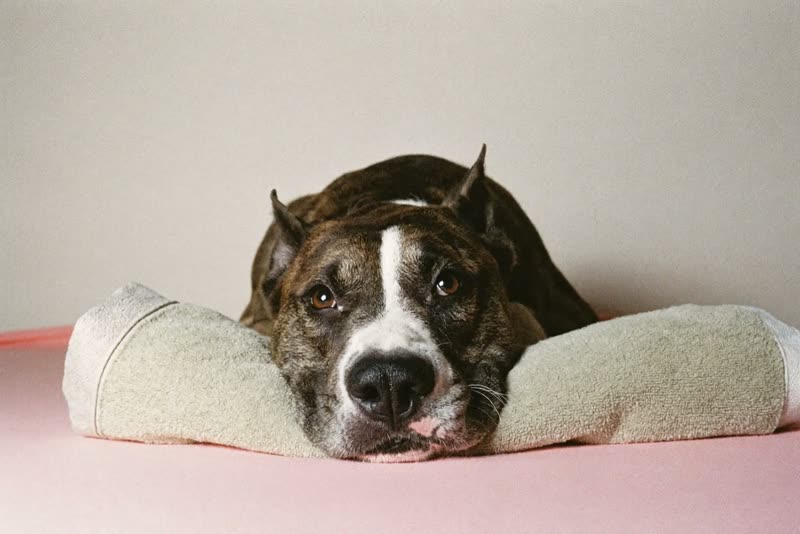 A relaxed medium dog resting its head on a folded towel